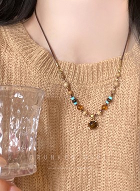 复古美拉德圆环虎眼石串珠项链女轻奢小众高级感毛衣链配饰颈链