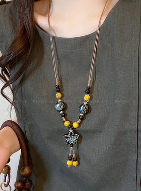 新中式陶瓷串珠花朵项链女民族风复古旗袍颈链文艺气质长款毛衣链