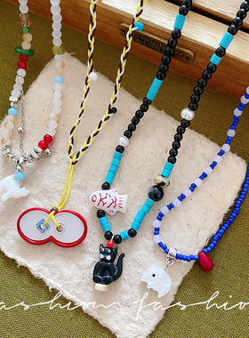 童趣彩色小猫星星项链女多巴胺可爱时尚锁骨链抽拉编织绳卫衣配饰