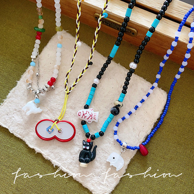 童趣彩色小猫星星项链女多巴胺可爱时尚锁骨链抽拉编织绳卫衣配饰