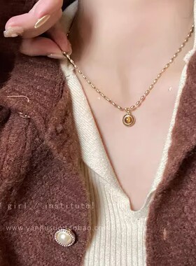 高级感小米粒仿虎眼石项链女高端大气长款吊坠锁骨链法式复古配饰