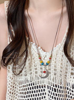 新中式民族风彩色圆珠月牙吊坠项链文艺小清新长款卫衣链可调节