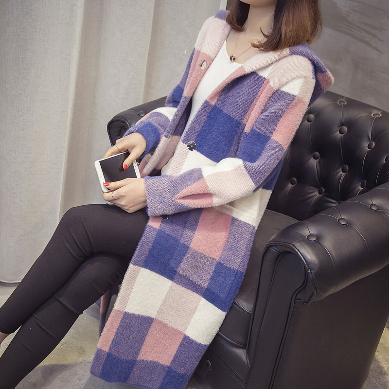 仿水貂绒大衣女秋冬新款过膝网红毛衣连帽外套格子长开衫韩版宽松