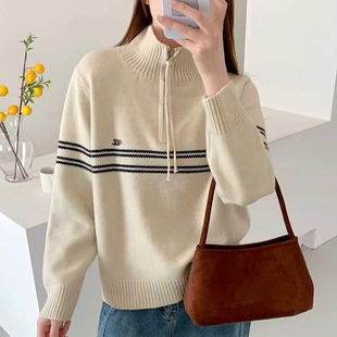 2025新款秋冬季百搭气质高领毛衣打底衫女宽松拉链套头针织衫上衣