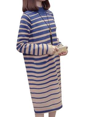 中长款条纹毛衣女秋冬加厚打底衫半高领毛衣裙韩版宽松外穿慵懒风