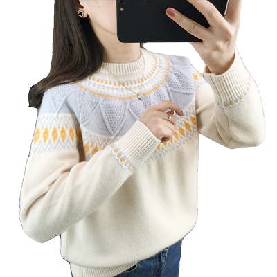 圆领套头毛衣女士春装2024新款拼色复古减龄针织衫打底衫宽松上衣