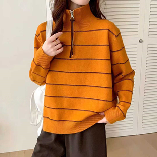 条纹半拉链毛衣女2025秋冬新款宽松高领套头外穿时尚针织衫打底衫