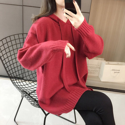 连帽针织衫女装2023年秋冬新款宽松套头上衣慵懒风中长款毛衣外套