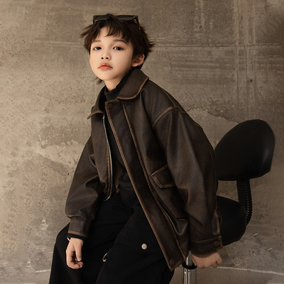 男童加绒复古皮衣春季2025新款