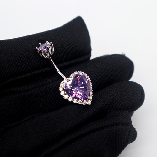 925紫色爱心肚脐钉防过敏纯银