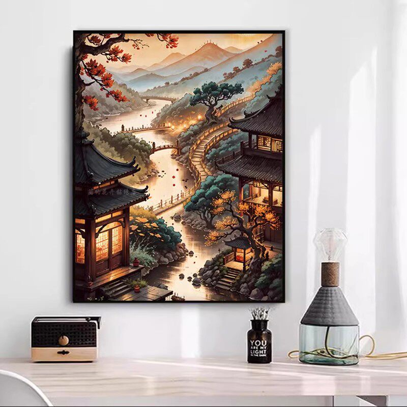 中式山水画钻石绣桃源小镇满钻全贴客厅装饰画治愈系简约现代无框