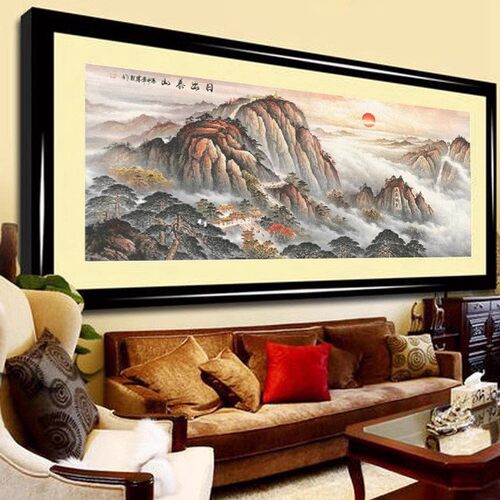 日出泰山十字绣无水风景靠山图