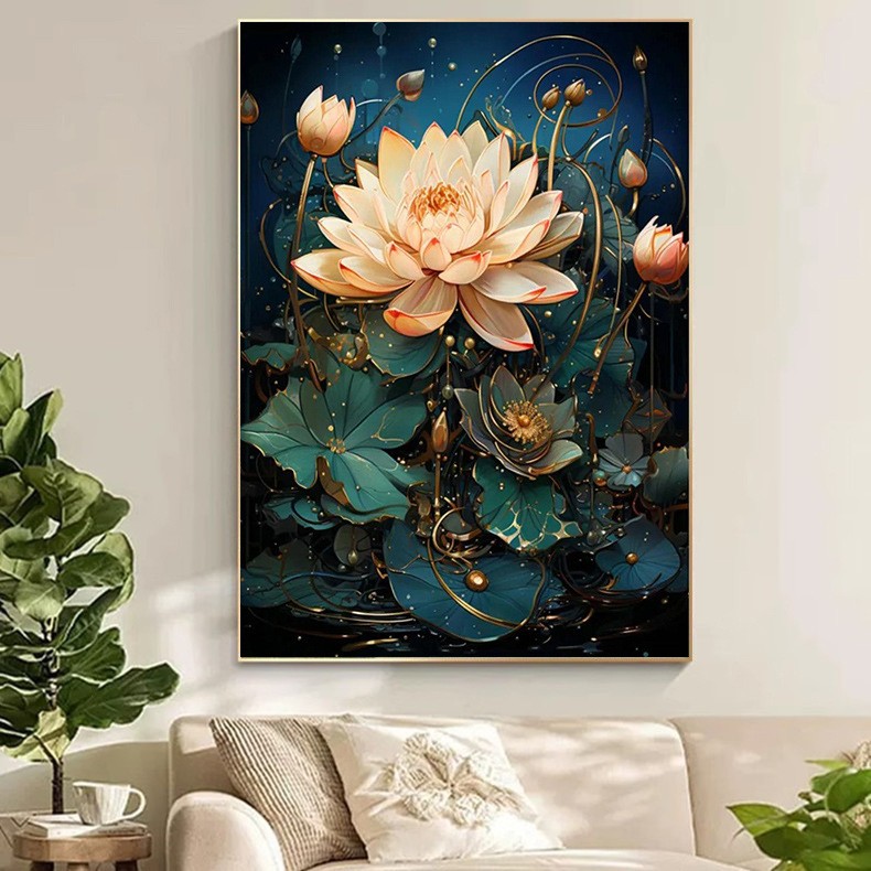 高级感荷花钻石画2025年新款玄关竖版花卉客厅卧室贴砖十字绣刺绣