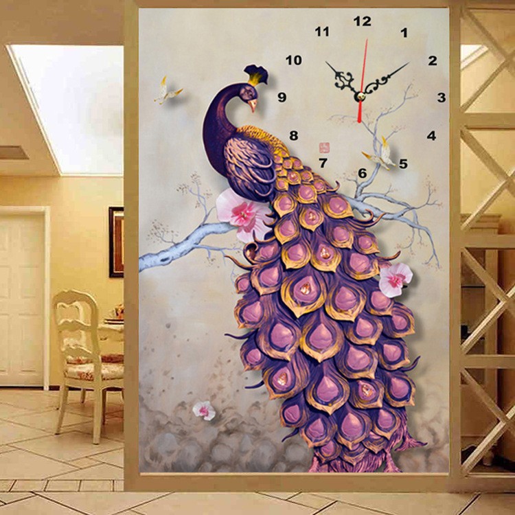 5d宝石孔雀钟表钻石画2025新款竖版欧式点贴粘钻十字绣客厅挂时钟