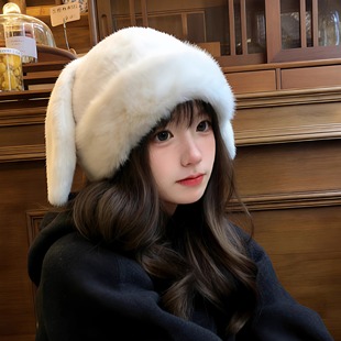 可爱兔耳朵毛绒套头帽女士秋冬季2025年巨好看的帽子百搭保暖冷帽