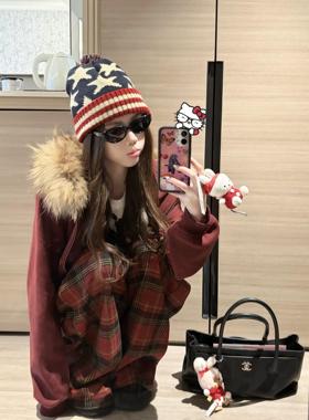 美式复古毛球针织帽女款秋冬季加厚保暖毛线帽圣诞风星星条纹冷帽