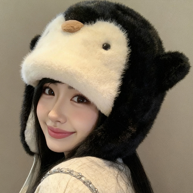 可爱企鹅毛绒帽子女士保暖加厚