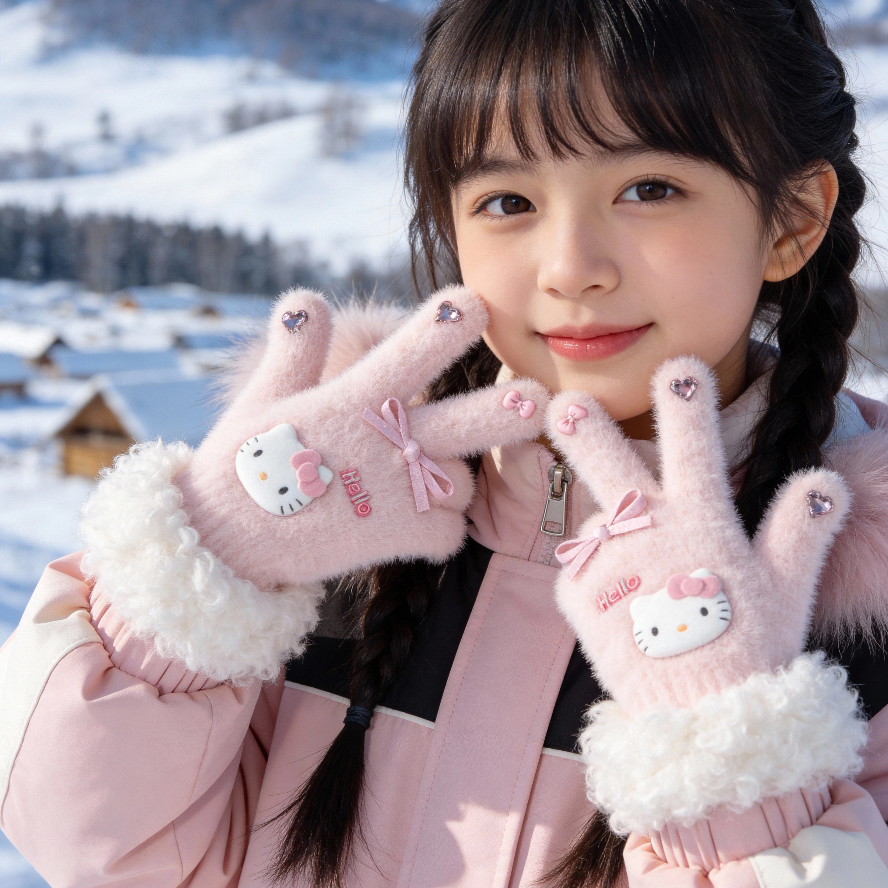 HolleKitty儿童手套水钻女秋冬2026新款毛绒全指分指防寒可爱手套