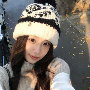 费尔岛风针织帽大头围保暖护耳包头子 2025新款 韩版 毛球冷帽女冬季