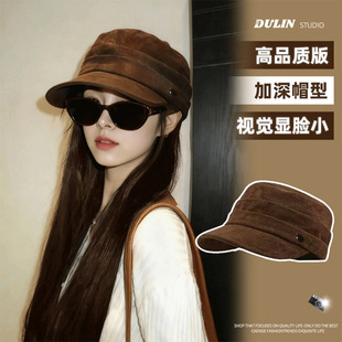 麂皮绒马术帽女2025新款秋冬复古美拉德褶皱平顶报童帽百搭贝雷帽