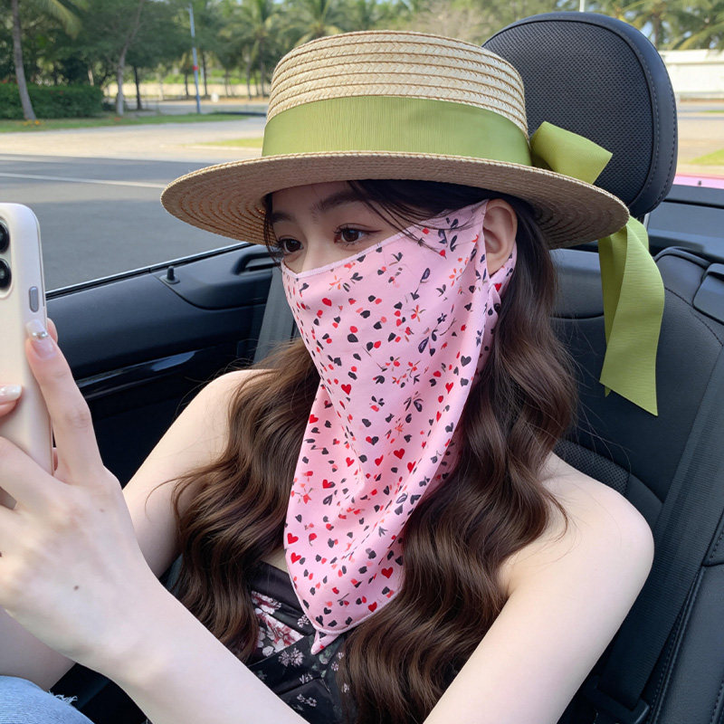 夏季防晒面罩女开车遮全脸防紫外线围脖护颈一体碎花遮阳面纱口罩