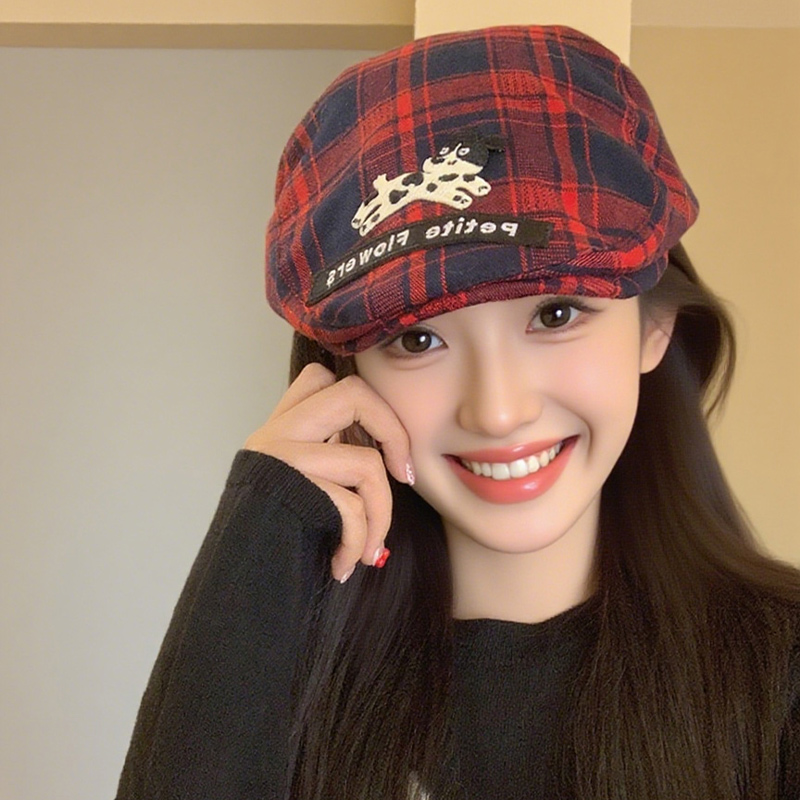 红格子小狗复古英伦风画家帽