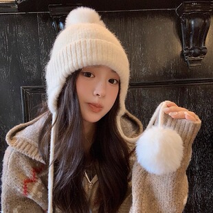 毛球护耳针织帽女秋冬2025新款保暖大头围显脸小雷锋帽可爱毛线帽