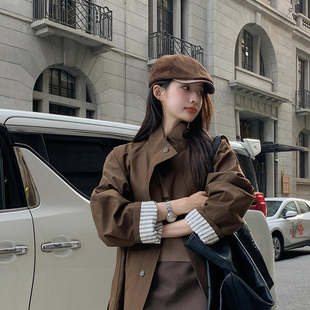 大头围美式复古前进帽女2025新款英伦风做旧时尚贝雷帽秋冬灯芯绒