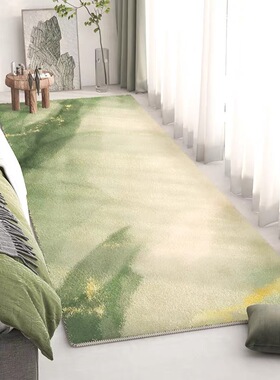 仿羊绒长条床边地毯绿色侘寂客厅地毯羊羔绒卧室床前沙发毯飘窗地