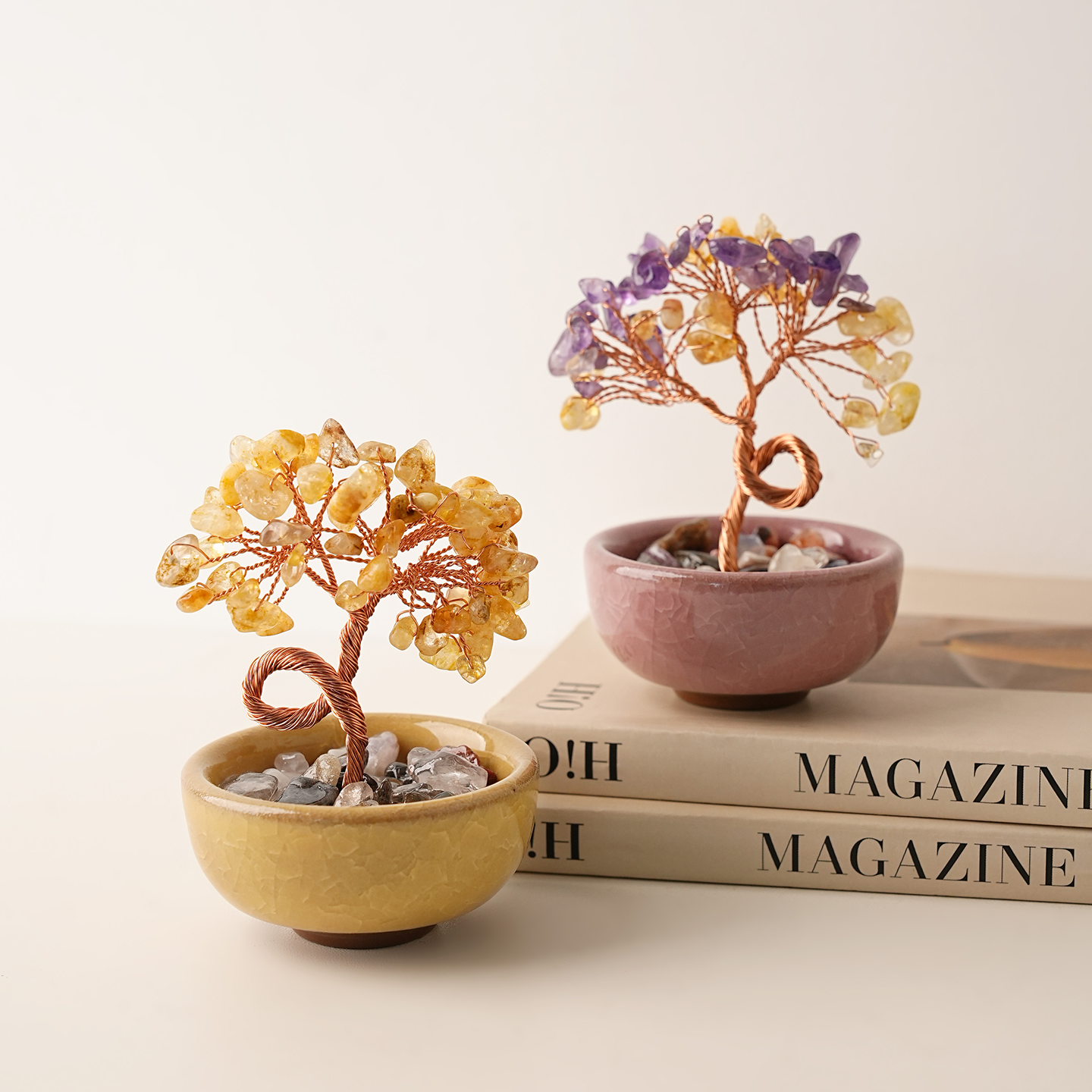 天然黄水晶发财树招财摆件