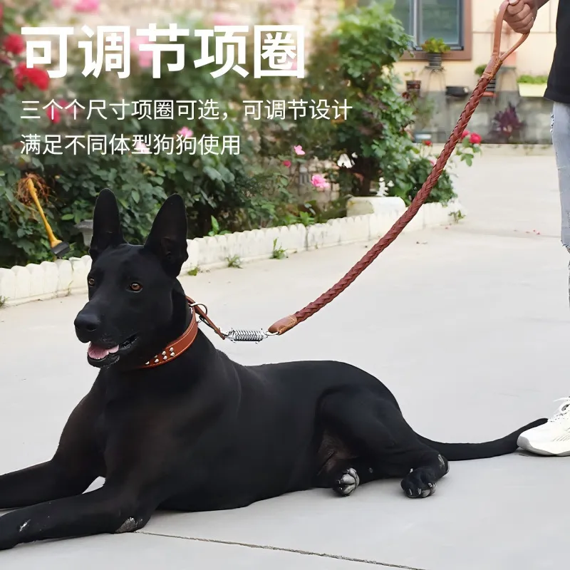 狗狗牵引绳中大型犬防咬断项圈牛皮狗链子金毛德牧防爆冲遛狗绳子