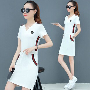 妹大码 龄运裙夏06夏装 中长V领显瘦减收腰连衣裙 胖妹款 动女22新款