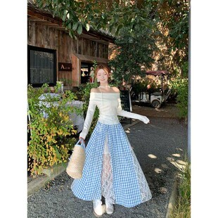 26新系蕾丝接蓝半裙女夏品显裙A字裙20年款韩拼格身新高腰瘦仙女