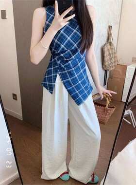 0款法慵风腰无袖背韩系简约袖上女IN226新式懒格纹掐心无衣S夏季