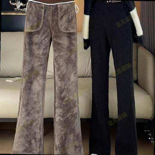 雪尼尔特厚羊羔绒女大码200斤冬季加绒加厚阔腿显瘦休闲喇叭裤子