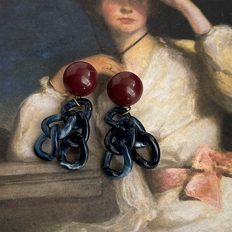 复古港风红蓝撞色耳环高级感饰品