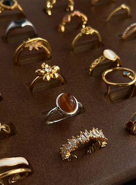 法式复古风戒指食指戒开口可调节爱心虎眼石莫兰迪高级感指环叠戴