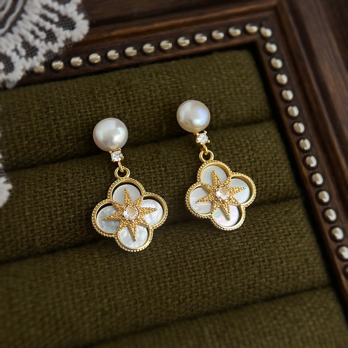 5A级强光淡水珍珠耳钉镀18K金锆石芒星耳环轻奢风四叶草贝母耳饰,饰品/流行首饰/时尚饰品新,耳环,淘宝优惠券,粉丝福利购,淘宝优惠卷