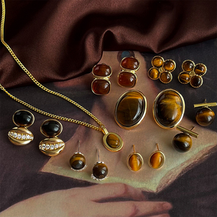 美拉德虎眼石耳环复古秋冬港风中古饰品vintage耳钉小众咖色耳饰