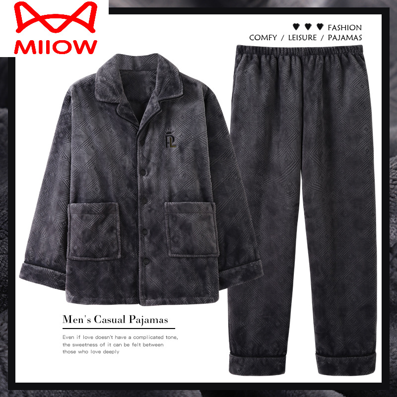 家居服保暖法兰绒套装猫人男