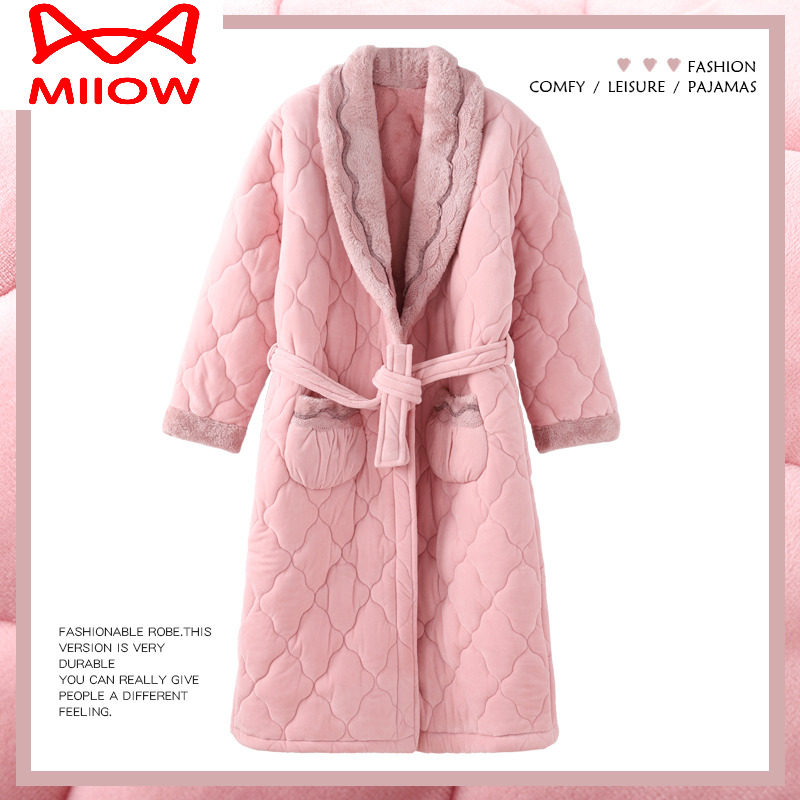 冬季珊瑚绒保暖睡袍女士猫人