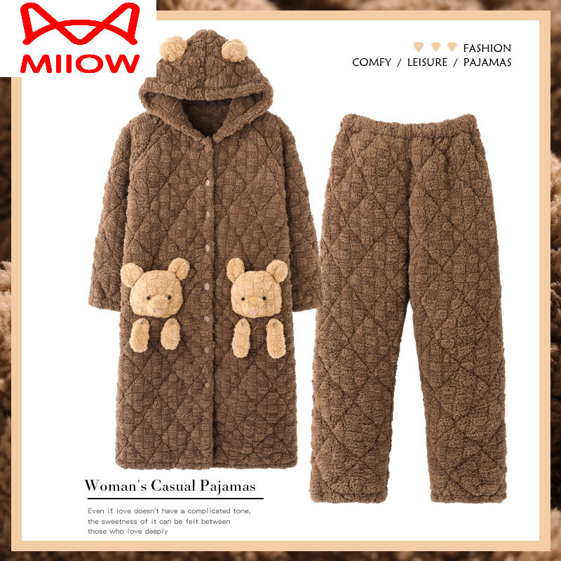 猫人冬加厚珊瑚绒夹棉女套装