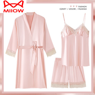 猫人三件套装睡袍吊带短裤睡衣女夏季冰丝真丝绸带胸垫家居服