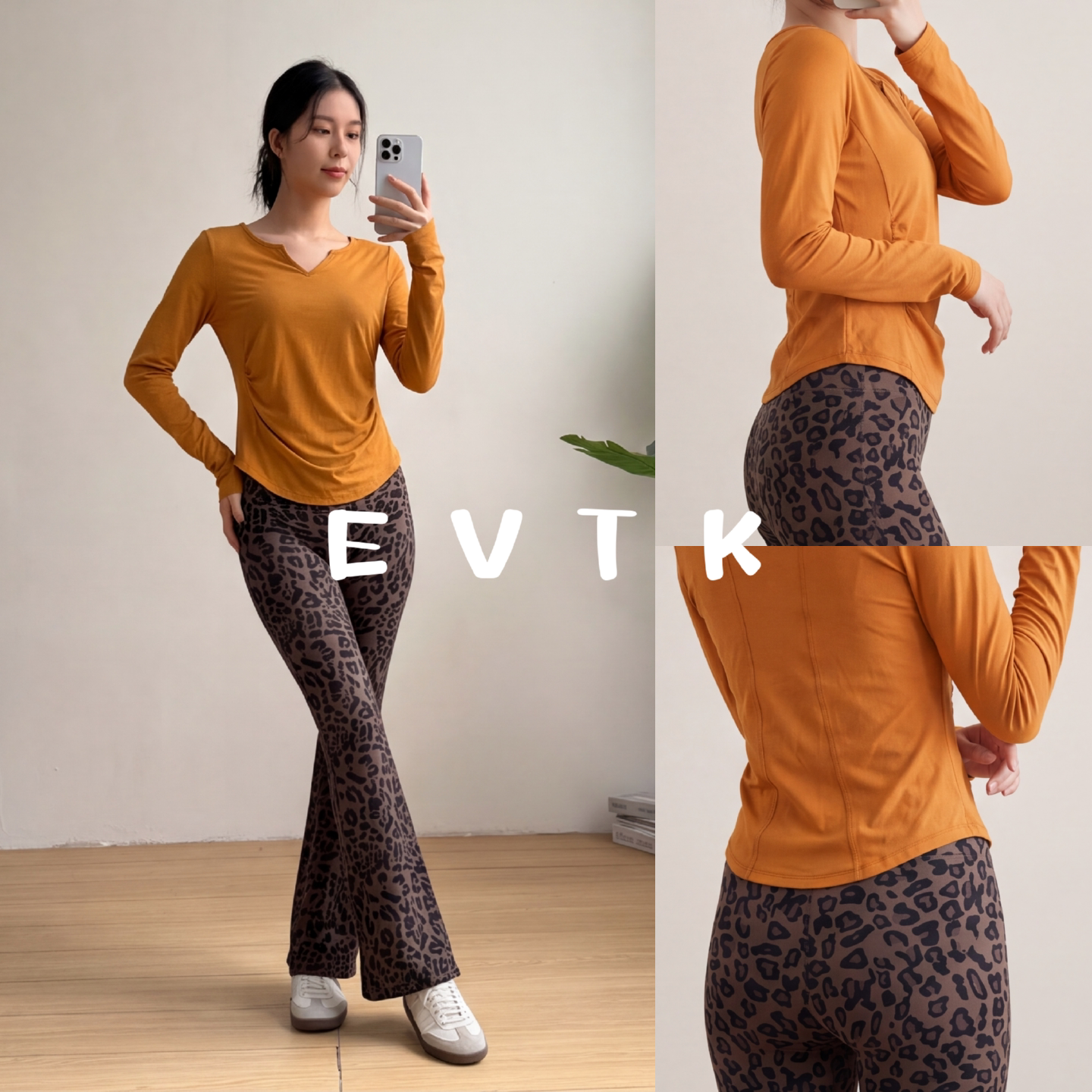 舞蹈服女V领长袖上衣豹纹微喇裤套装侧腰褶皱收腰显瘦形体舞蹈服
