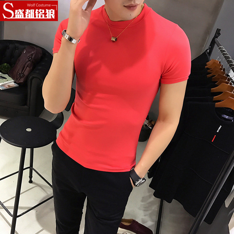 男士短袖t恤男潮半袖修身打底衫韩版纯棉纯色紧身圆领白色衣体恤