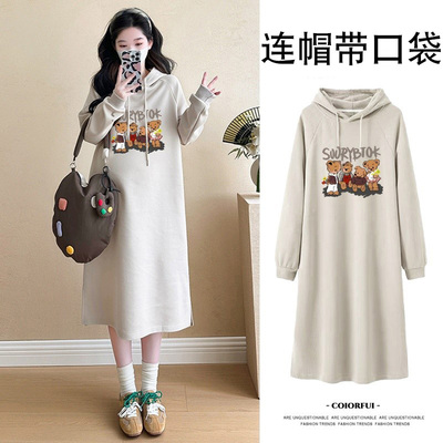 2025新款孕妇装秋冬加绒加厚宽松休闲洋气中长款连帽卫衣连衣裙子