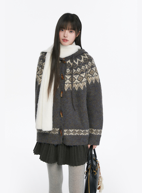 King Prince法式古着费尔岛拼色针织连帽情侣民族风毛衣开衫外套