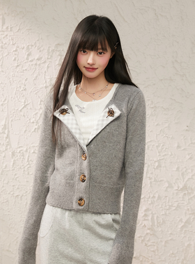 King Prince春季新款大扣子外翻格子撞色开衫毛衣修身显瘦短外套