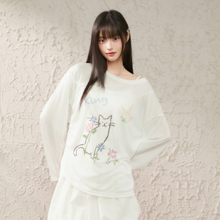 防晒罩衫 T恤女白色宽松夏季 休闲上衣 Prince手绘猫咪长袖 King