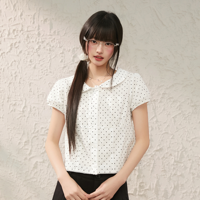 King Prince韩系娃娃领短款衬衫女波点短袖衬衣夏百搭泡泡袖上衣
